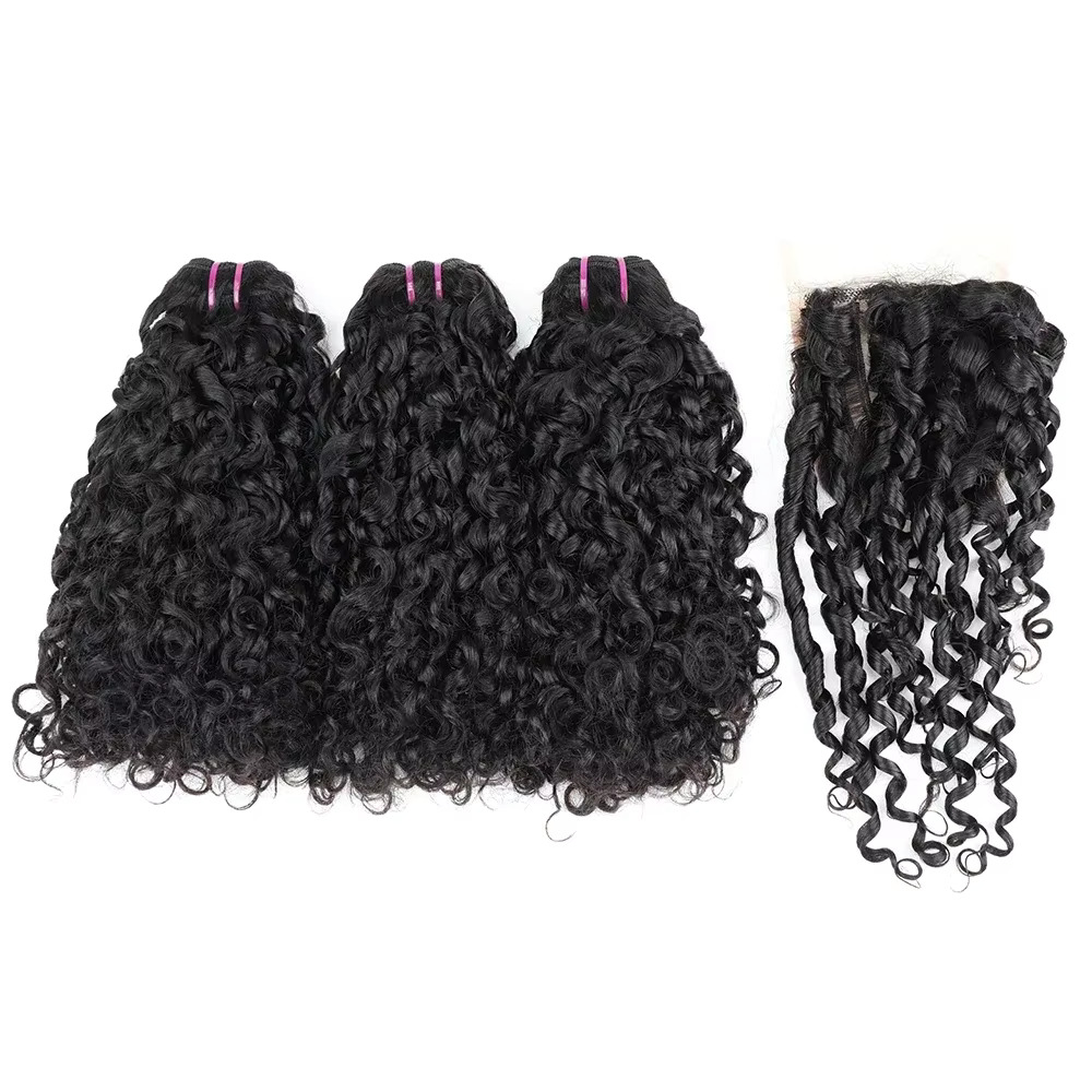 Deep Wave 3 Bundles With Closure - Pixie Curl Haarbündel mit Verschluss, tiefes